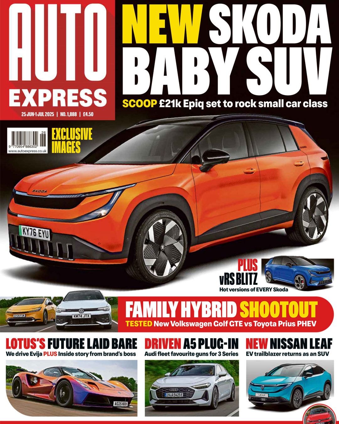 Auto Express magazine cover featuring an orange Skoda SUV with additional insets of hybrid and electric vehicles below.