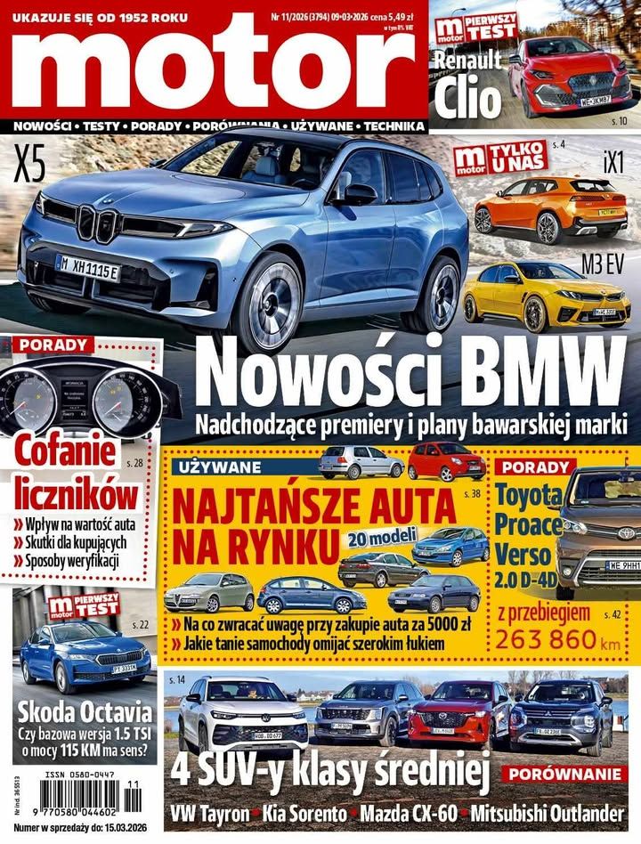 Polish Motor magazine cover featuring BMW X5, Renault Clio, BMW iX1, and M3 EV with headlines about new BMW models.