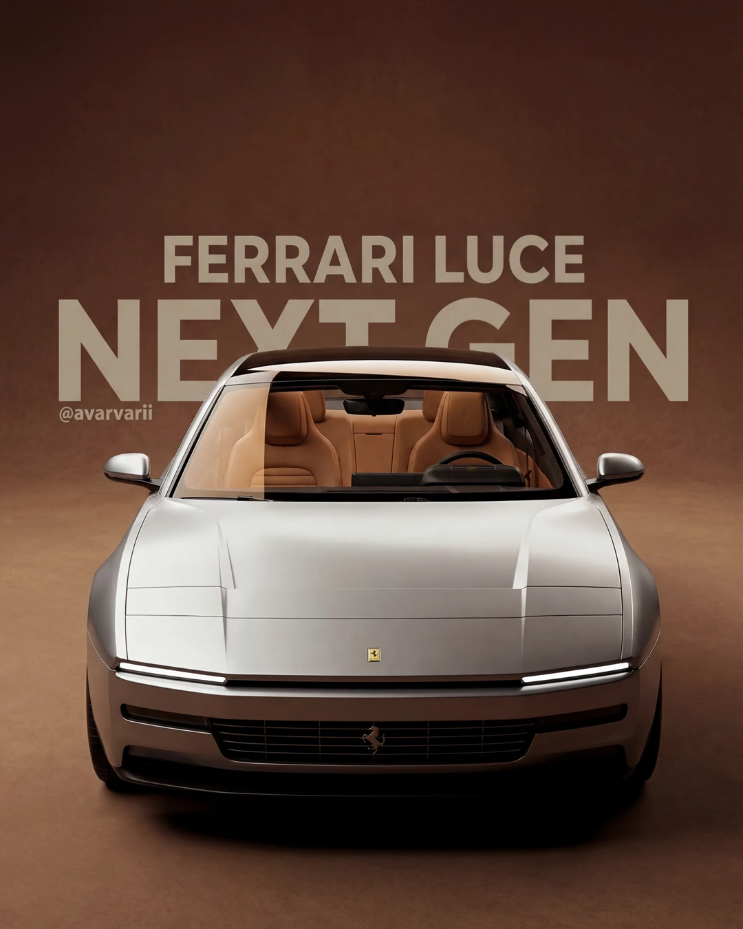 Ferrari Luce Next Gen concept car in silver, front view, with tan interior, on brown background.
