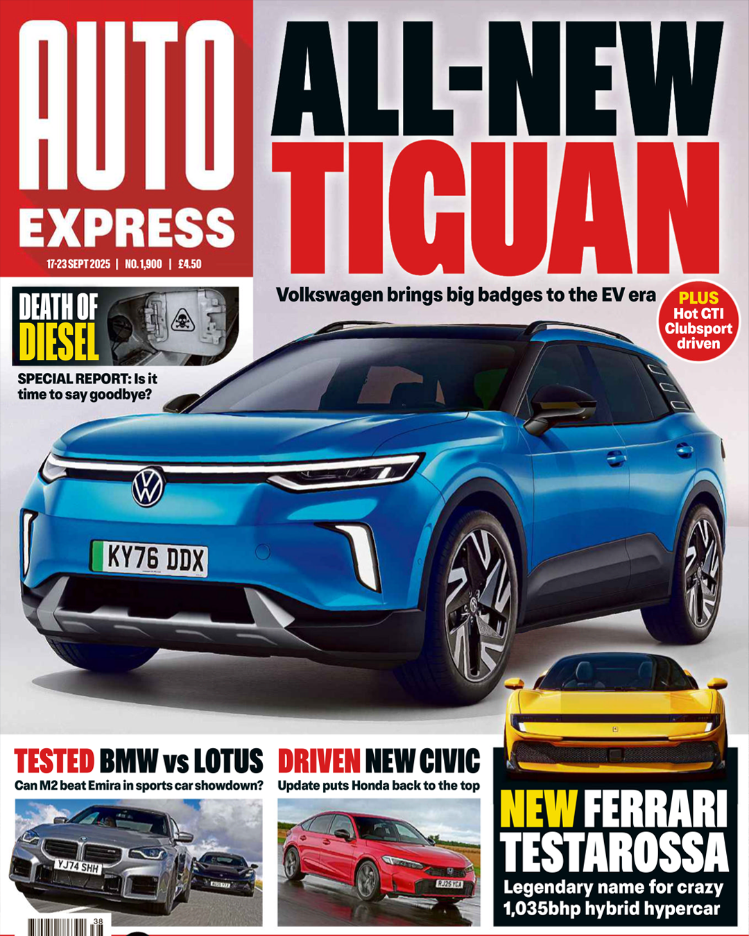 Collection of auto magazine covers featuring various new car models including Volkswagen and Ferrari vehicles.