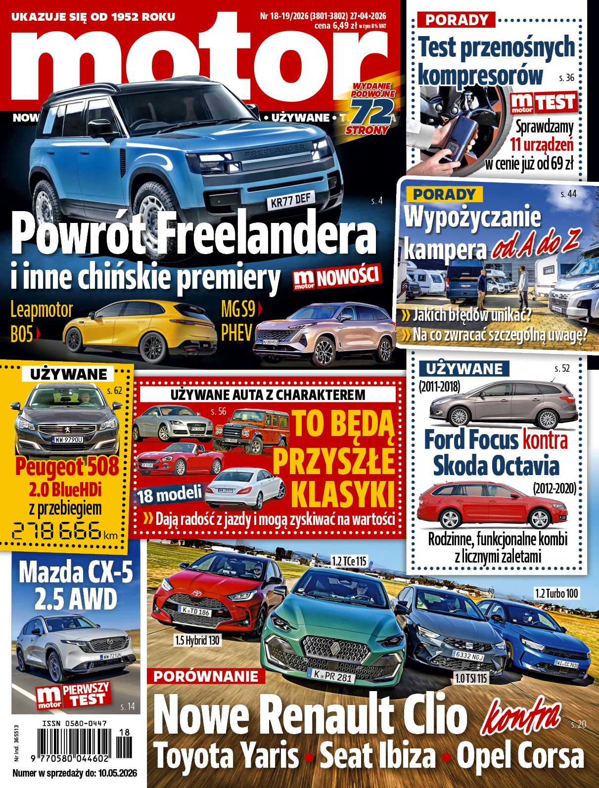 Polish Motor magazine cover featuring car reviews including Land Rover Freelander, Renault Clio, Toyota Yaris, and Ford Focus comparisons.