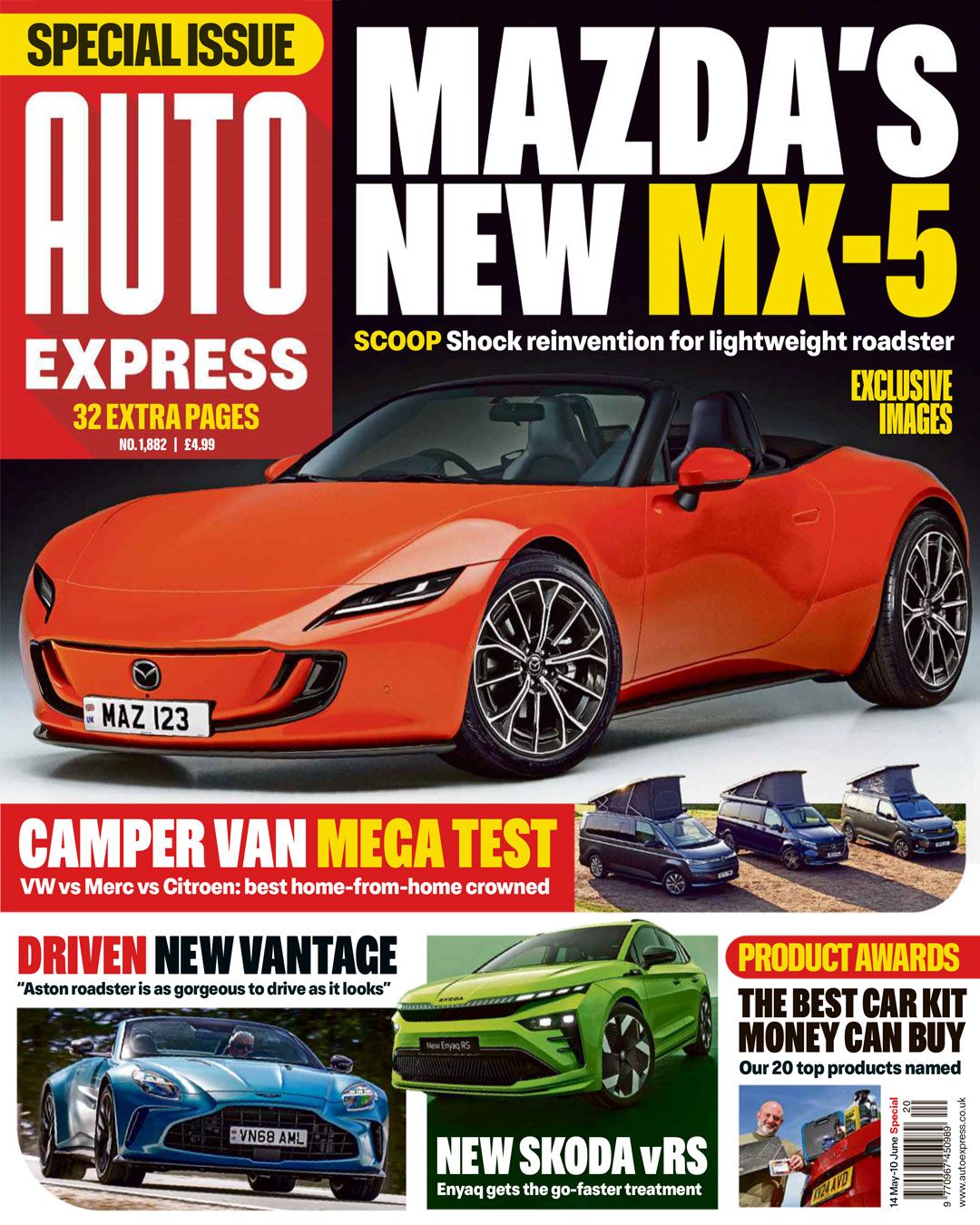 Auto Express magazine cover featuring Mazda's new MX-5 sports car in bright red alongside other car reviews and tests.