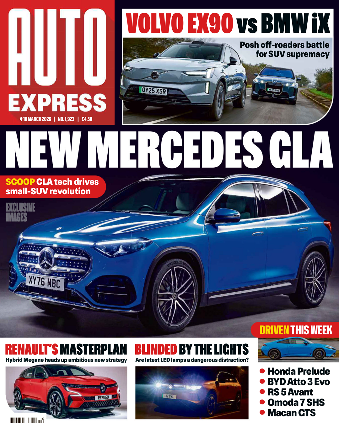 Auto Express magazine cover featuring the new Mercedes CLA, Volvo EX90 vs BMW iX comparison, and Renaults Masterplan story.