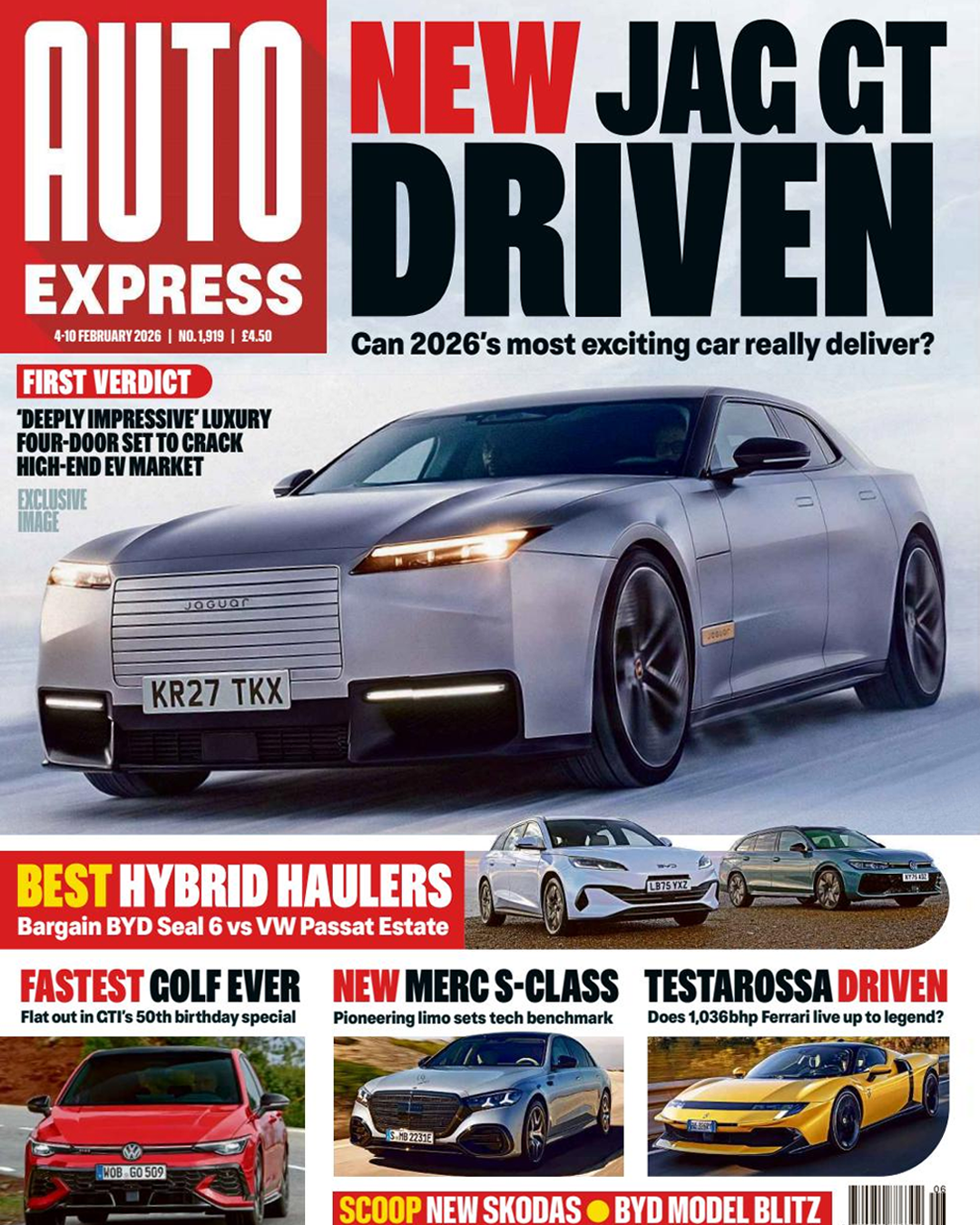 Auto Express magazine cover featuring the new Jaguar GT car, hybrid haulers, fastest Golf Ever, and Testarossa driven reviews.