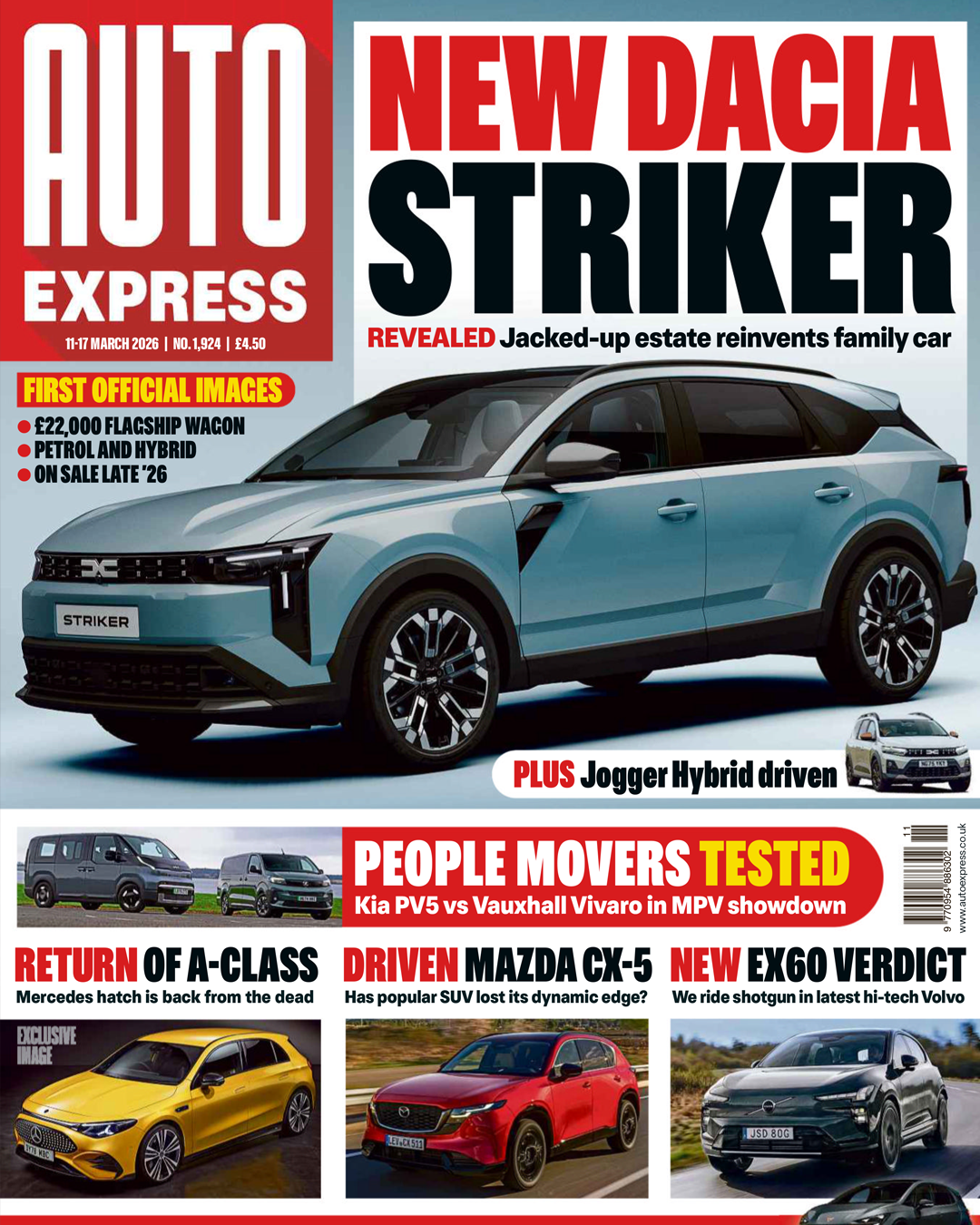 Auto Express magazine cover featuring the new Dacia Striker SUV reveal, Mazda CX-5 review, and Kia vs Vauxhall MPV test.
