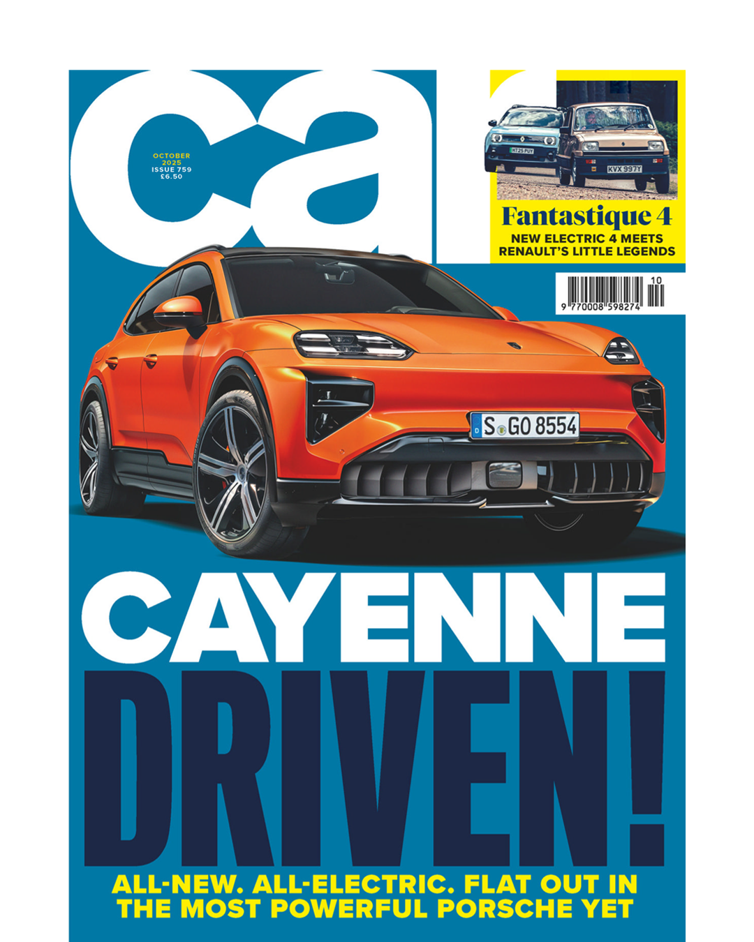A series of magazine covers featuring the sleek Porsche Cayenne SUV in orange and black colors with bold typography.