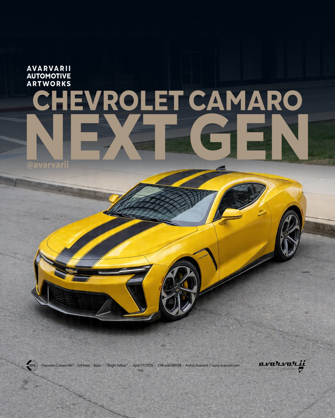 Yellow Chevrolet Camaro Next Gen concept render with black racing stripes, showcasing aggressive styling by Avarvarii Automotive Artworks.