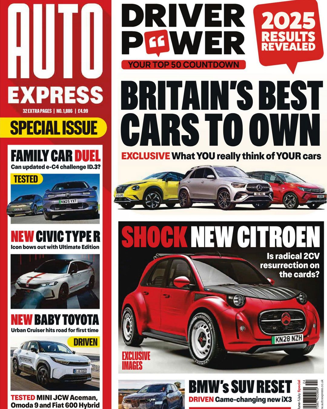 Cover of Auto Express magazine showcasing multiple car models including a red Citroen, Honda Civic Type R and family SUVs.