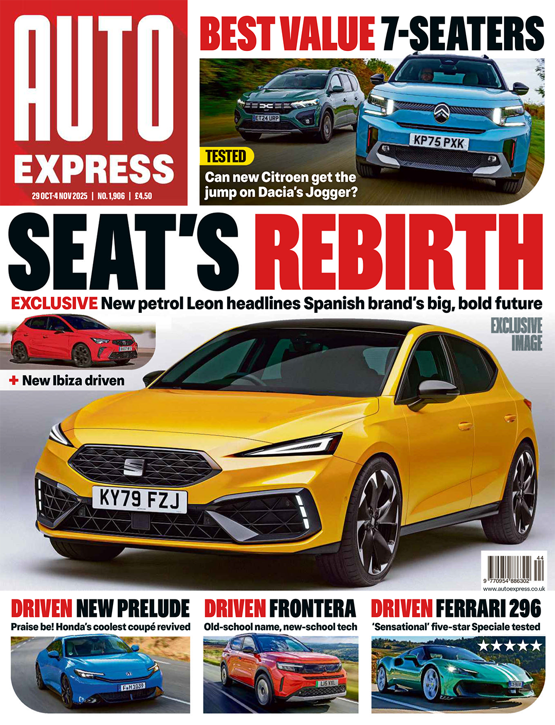 Auto magazine cover featuring yellow sports cars and SUVs with headlines about new vehicle models and reviews.