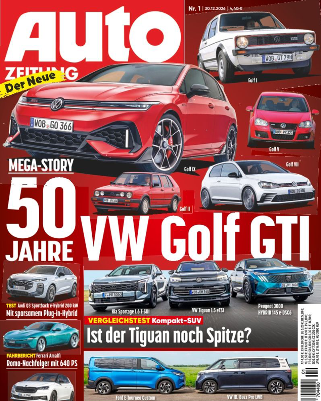 Collection of car magazine covers featuring various Volkswagen Golf GTI models and other VW vehicles against red backgrounds.