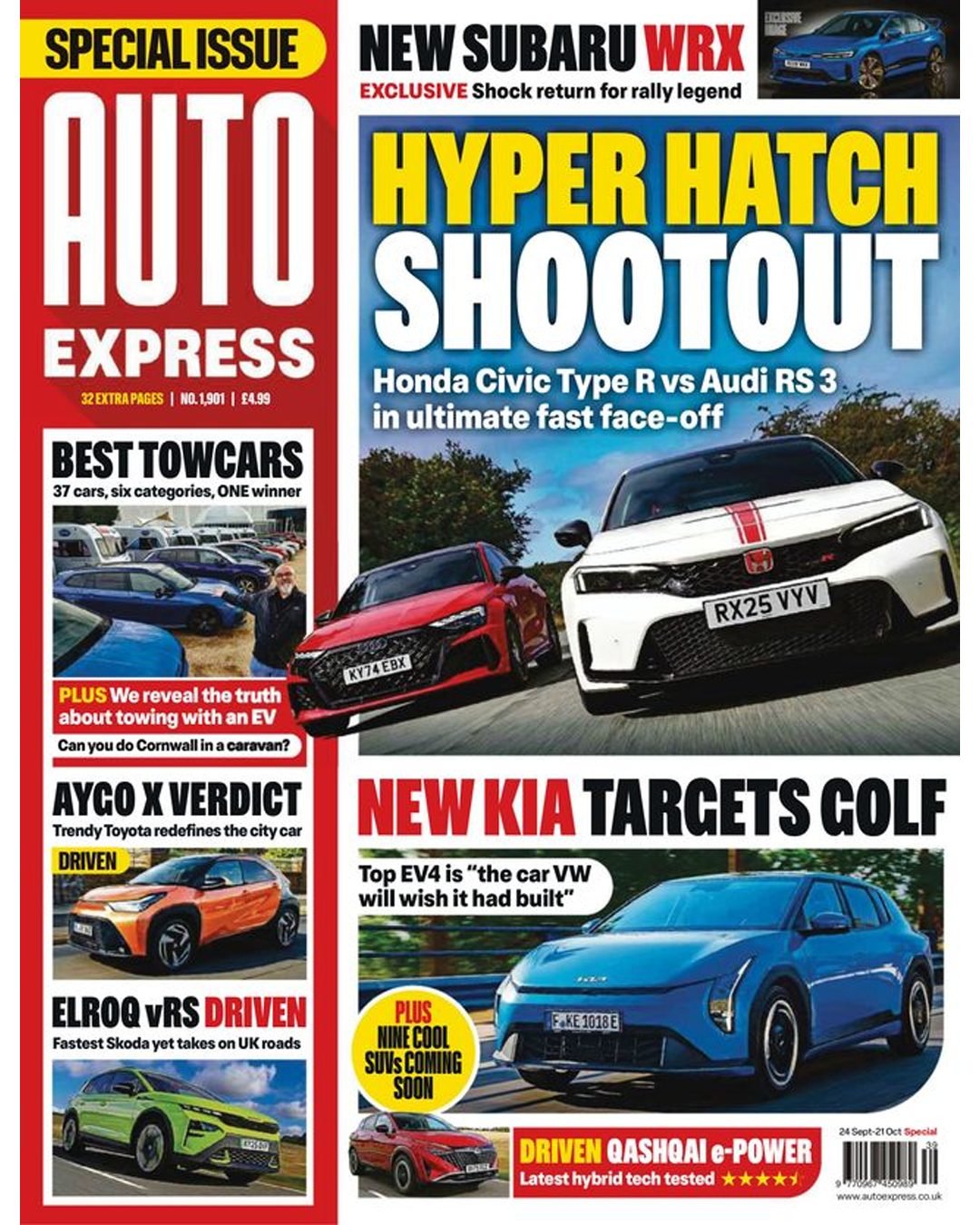 Auto magazine covers showing various performance cars including Subaru WRX, Honda Civic Type R, and Audi RS3 in dynamic shots.