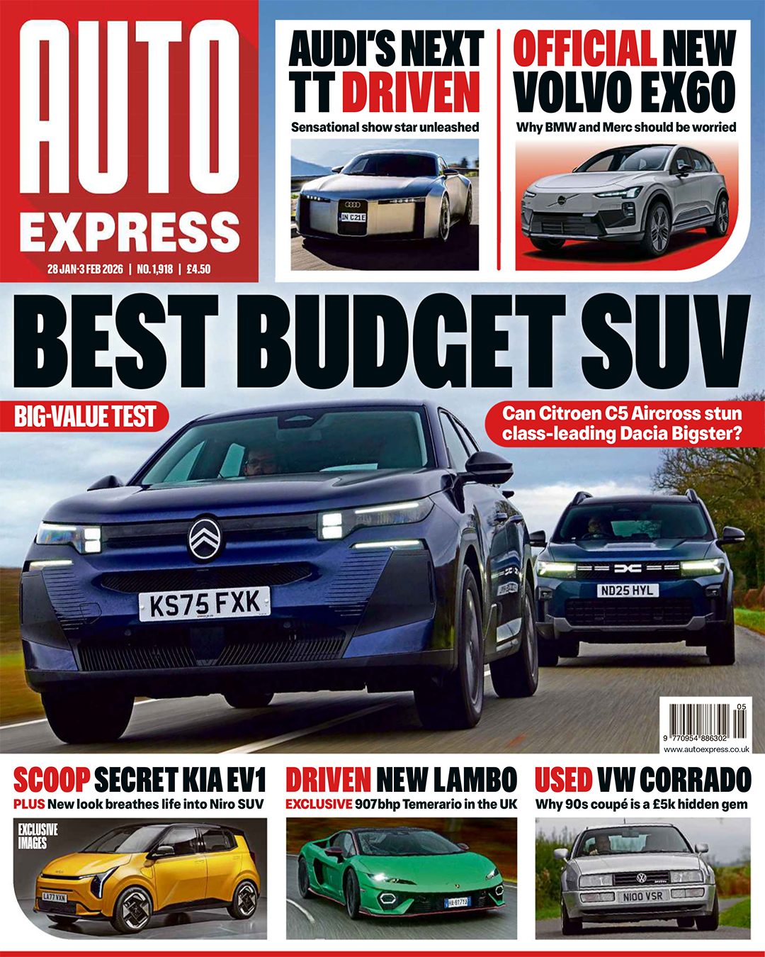 Auto Express magazine cover featuring best budget SUV test, Citroen C5 Aircross, new Lambo, Audi TT, and Volvo EX60 reviews.