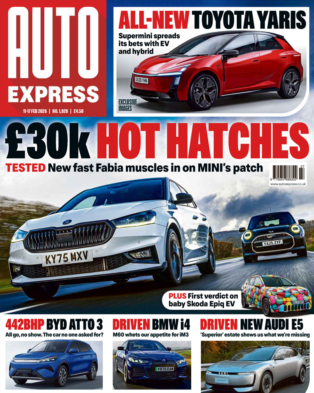 Auto Express magazine cover featuring hot hatch cars, Toyota Yaris, BYD Atto 3, BMW i4, and Audi E5 reviews.