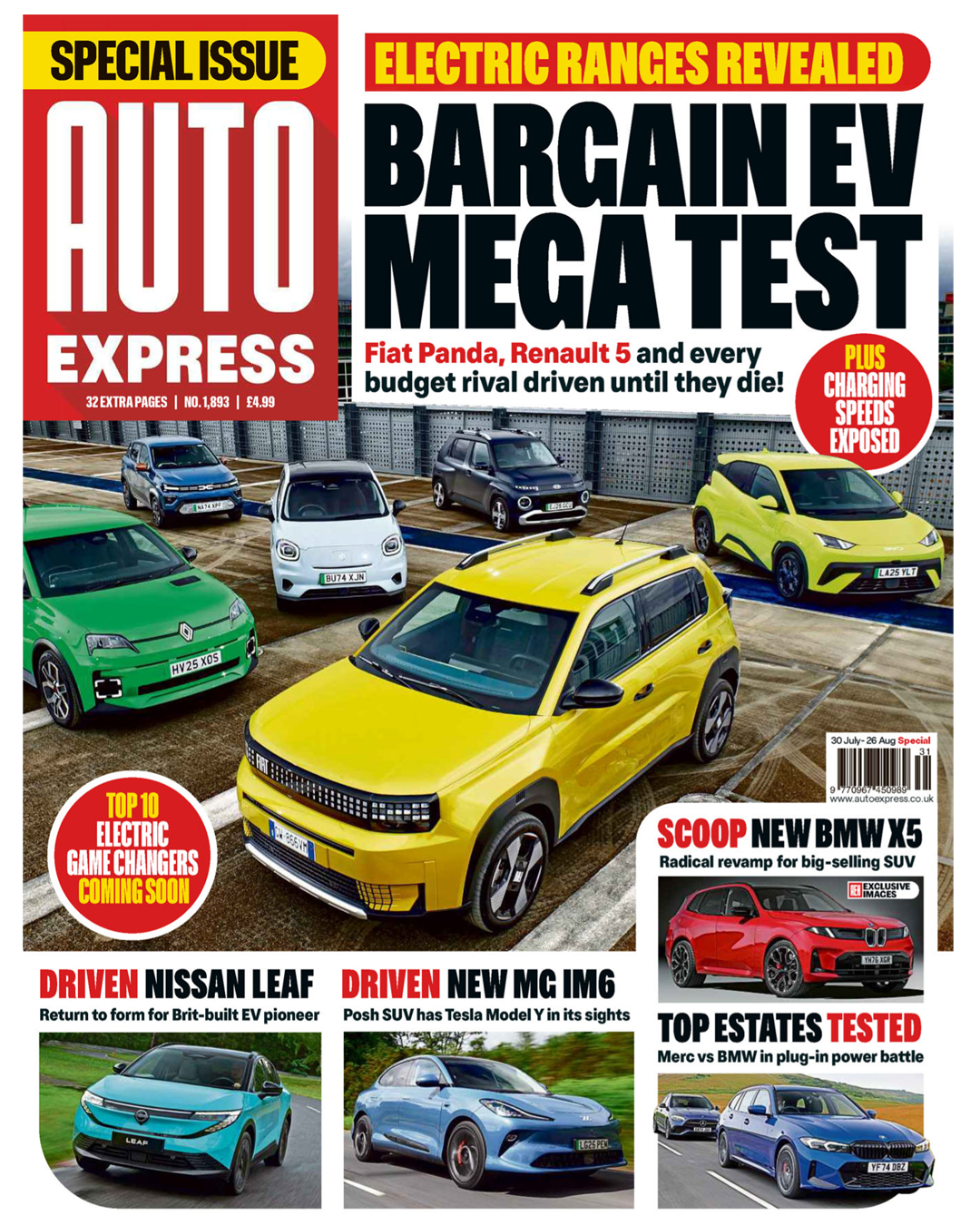 Auto Express magazine cover featuring electric vehicle mega test with colorful cars including yellow and green EVs on display.
