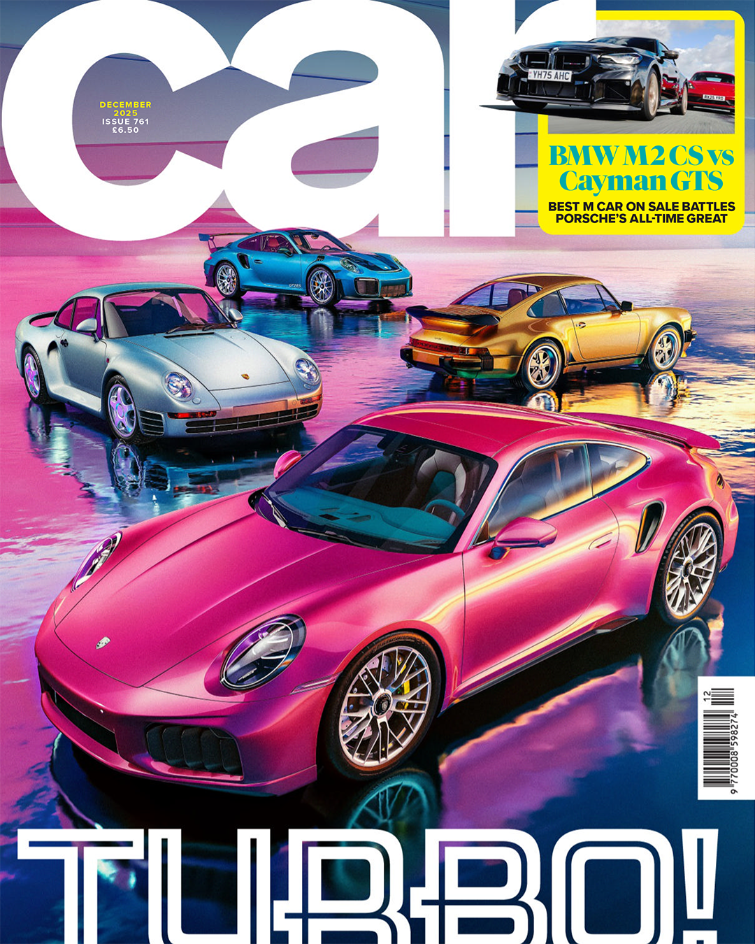Collage of Porsche sports cars in various shades of pink and purple against dramatic backgrounds.