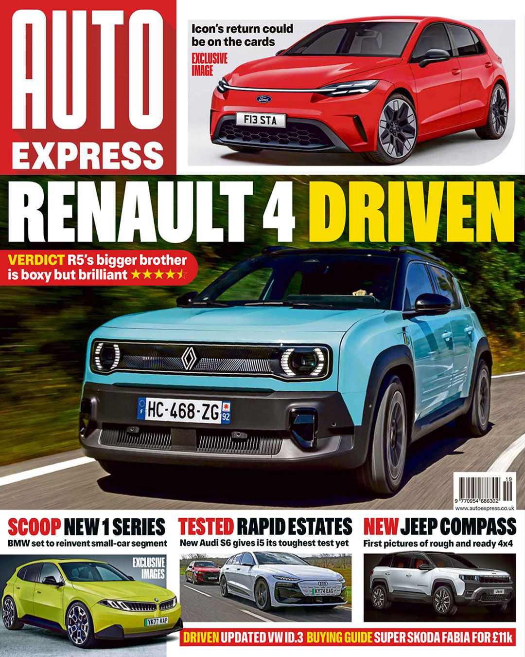 Collection of auto magazine covers showing various car models including Renault, BMW, and Jeep in red, blue, and green colors.
