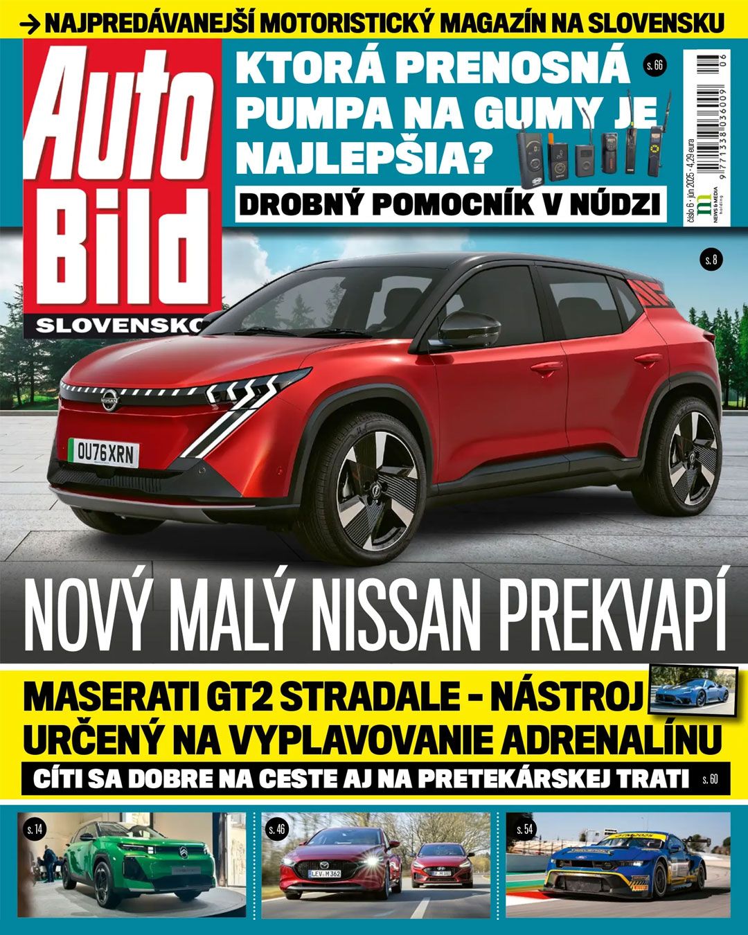 Automotive magazine cover featuring a red Nissan crossover vehicle and multiple article headlines in Slovak language.