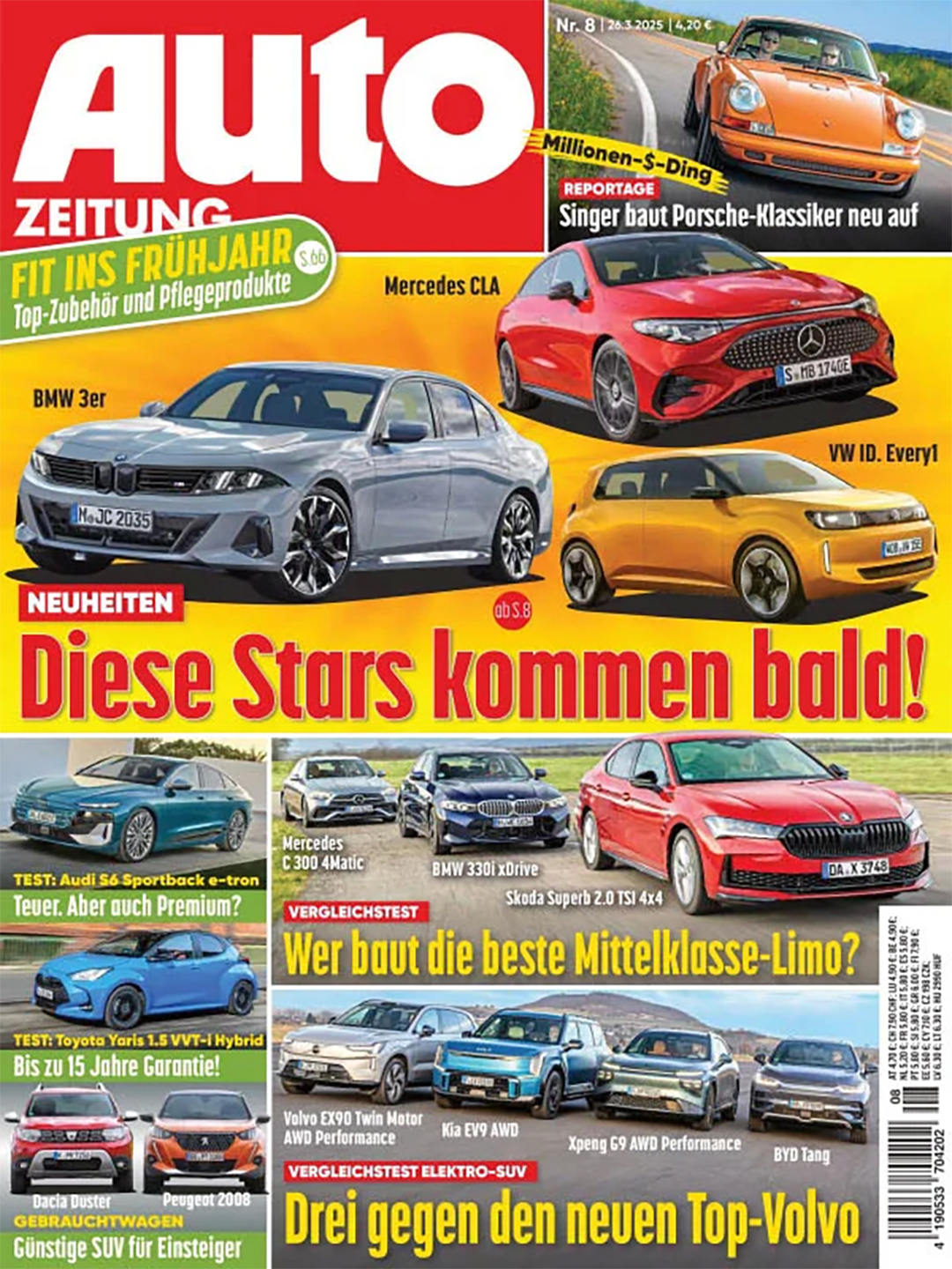 Auto Zeitung magazine cover showing various new car models including BMW 3 Series