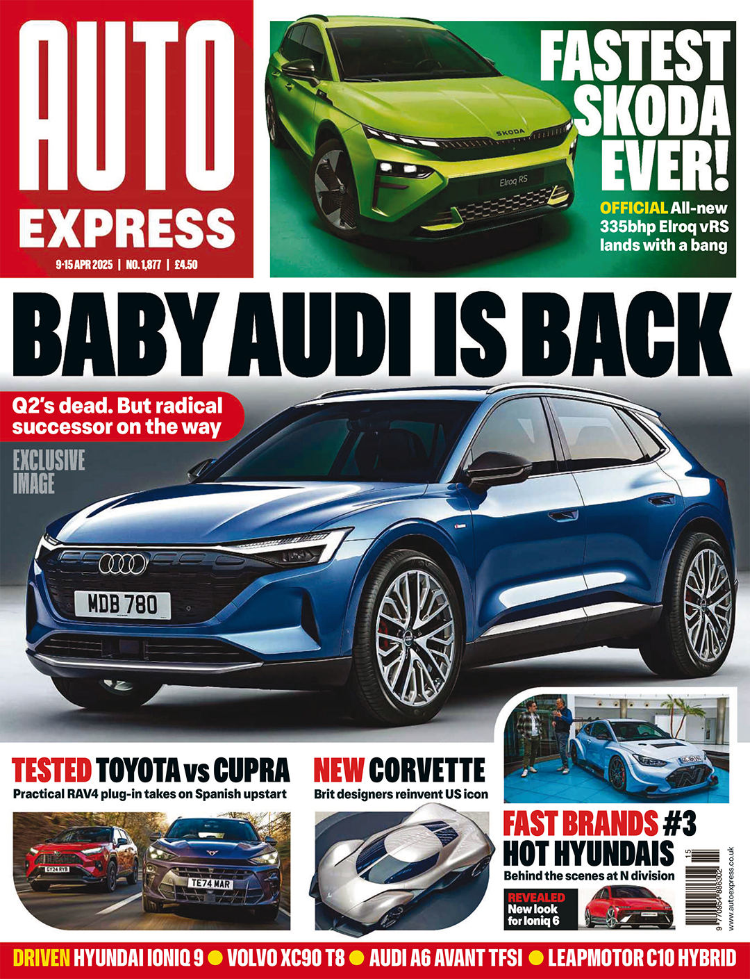 Auto Express magazine cover featuring a blue Audi Q5, green Skoda, and various car comparison test headlines.