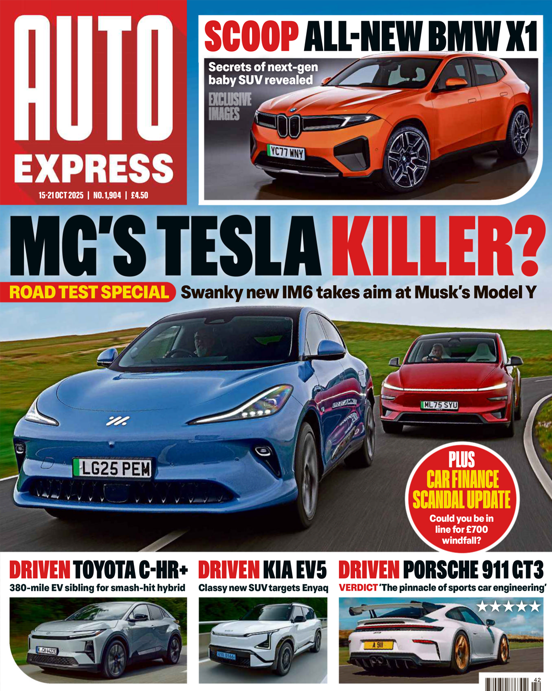 A collage of automotive magazine covers featuring various car models including BMW X1, Tesla competitors and road test specials.