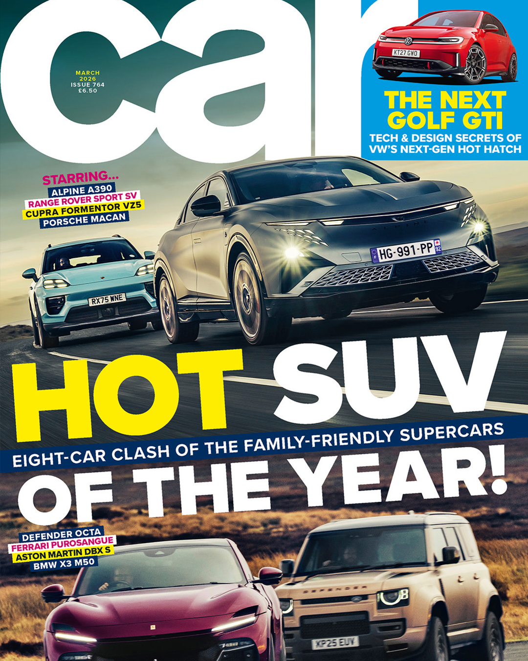 Car magazine cover featuring a hot SUV of the year clash, with multiple luxury SUVs and a Golf GTI preview.