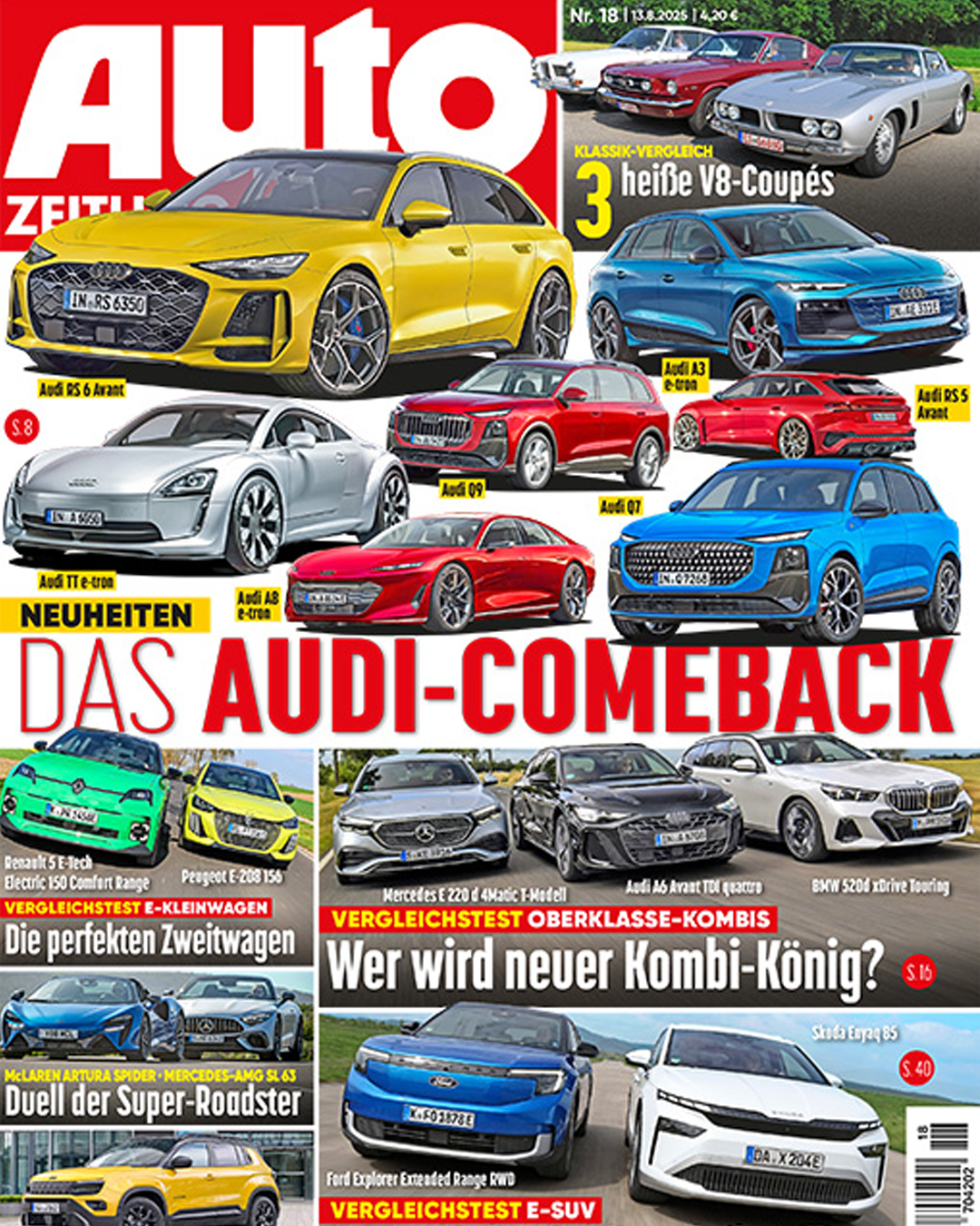 Magazine cover collage showing various modern cars including Audi models and other luxury vehicles with German text overlays.