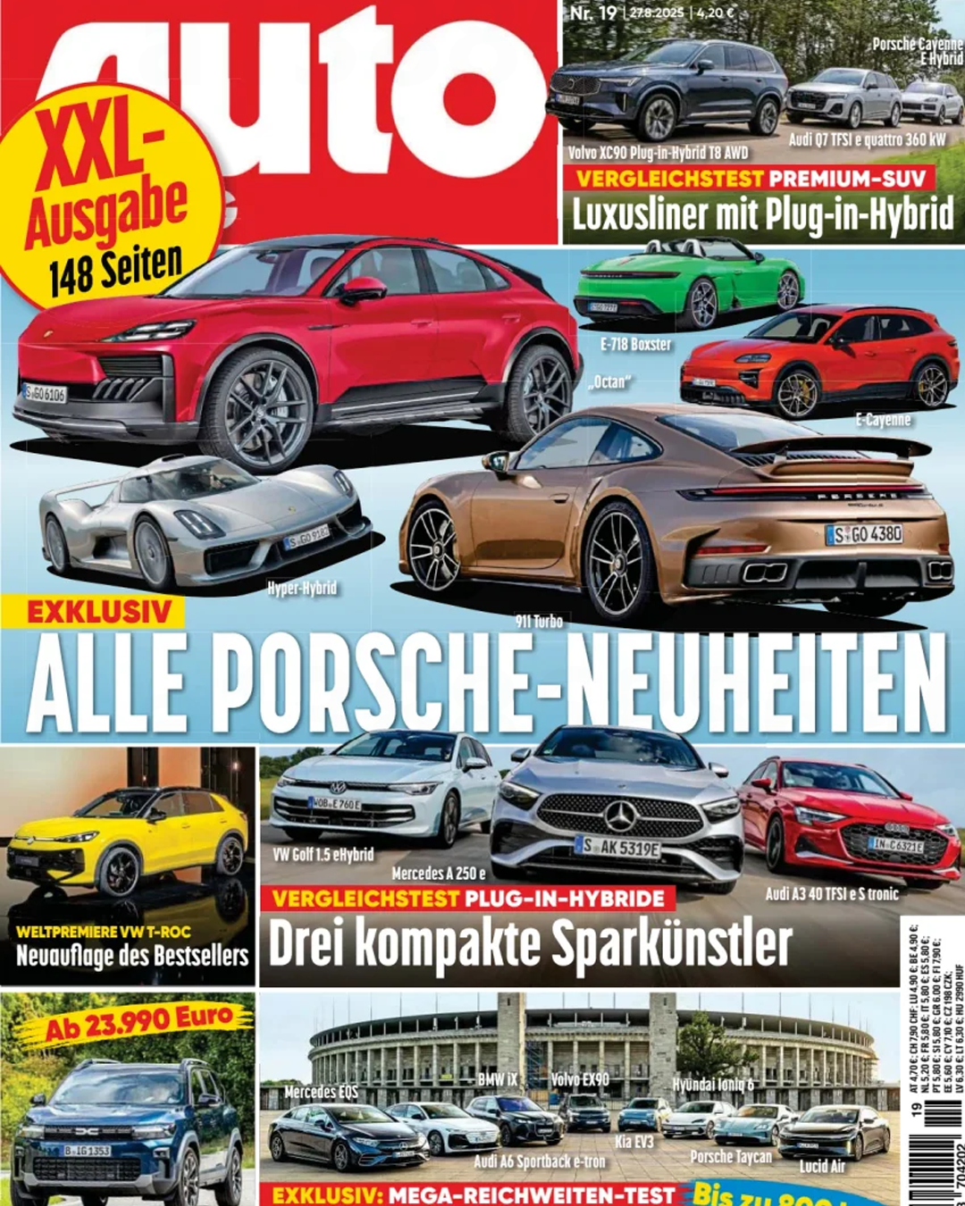 Collage of modern luxury and sports cars featuring Porsche models on an automotive magazine cover spread.