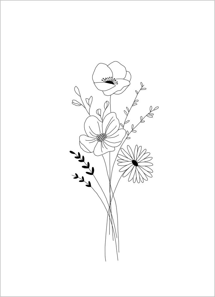 Simple line drawing of poppies and wildflowers in minimalist black and white style.