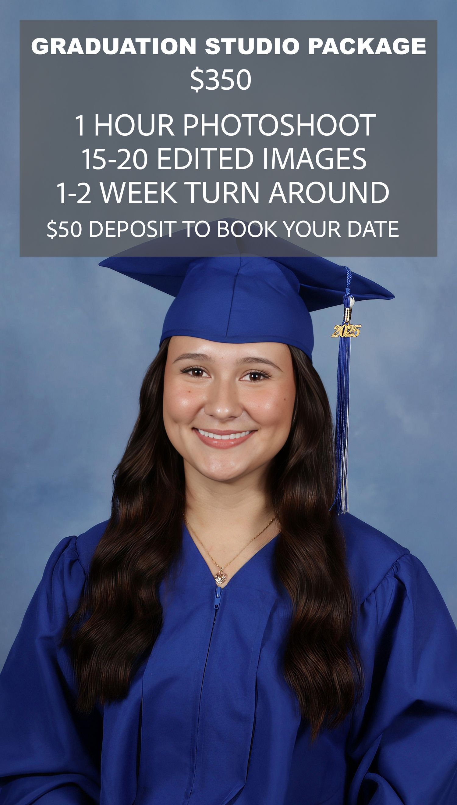 Graduate wearing royal blue cap and gown poses for professional graduation portraits in a studio setting.