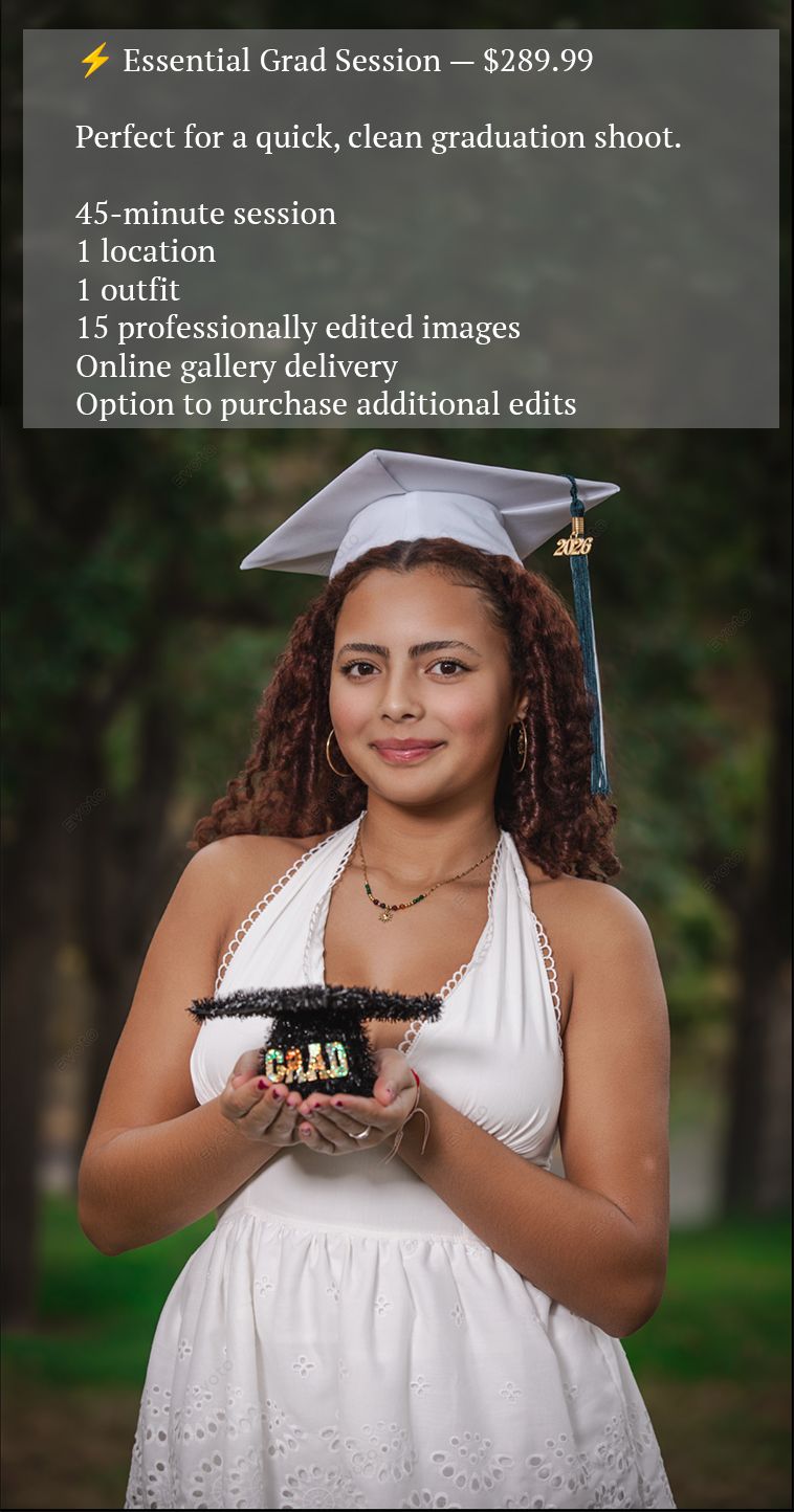 A young woman in a white dress and graduation cap holds a diploma, posing for a graduation photo shoot.