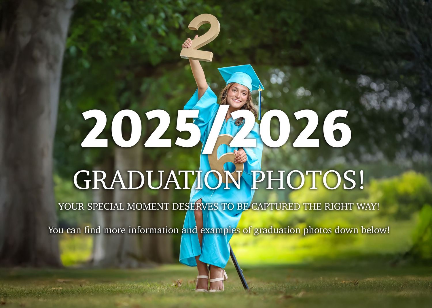 Graduation photography slideshow banner with class year text overlaid on outdoor blurred campus background.