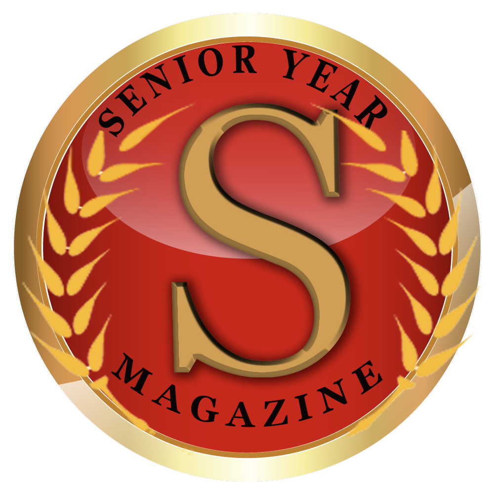 Red and gold circular emblems with laurel wreath designs and 'S' monogram.