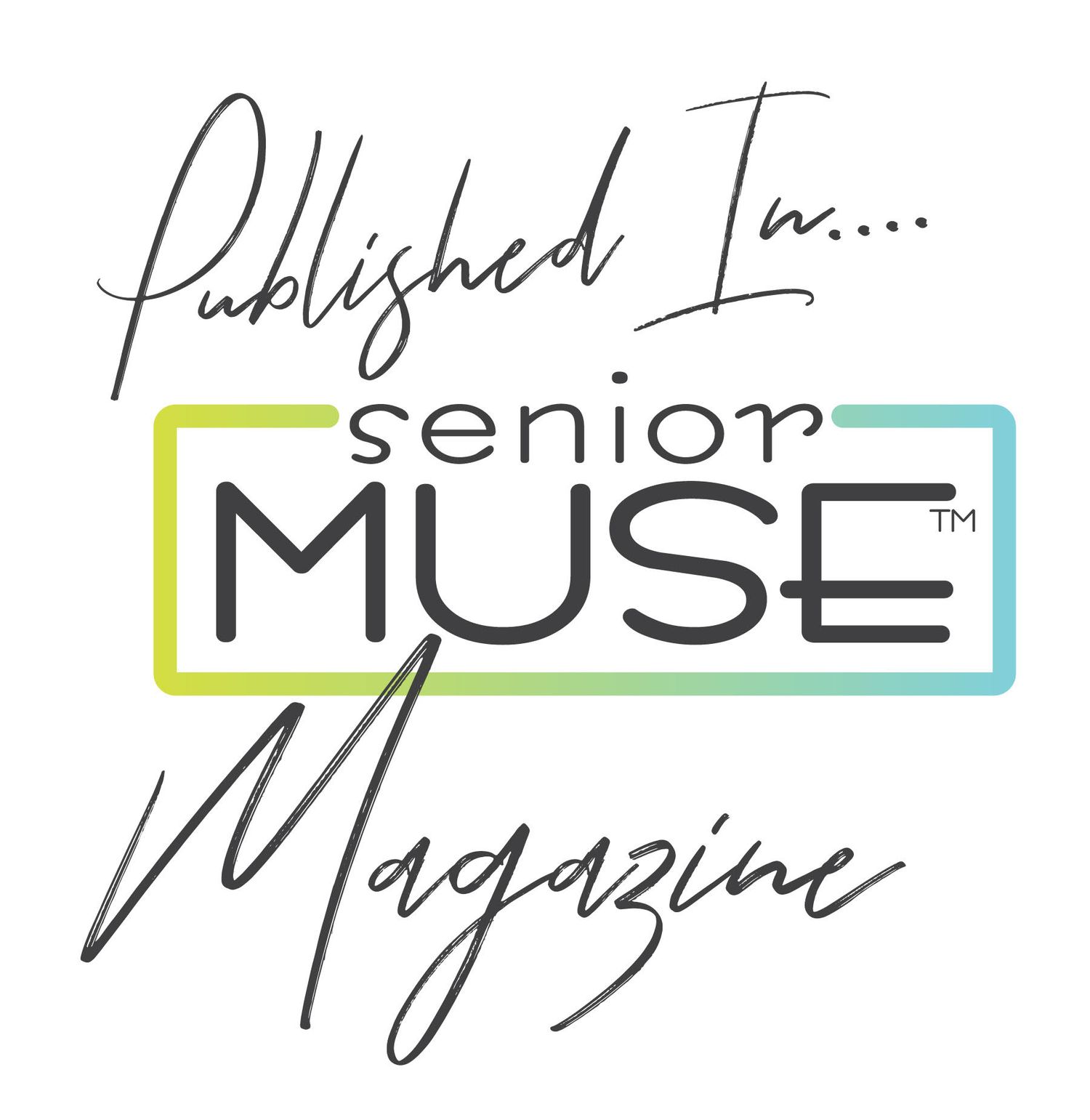 Elegant handwritten script text overlay for Senior Muse magazine.
