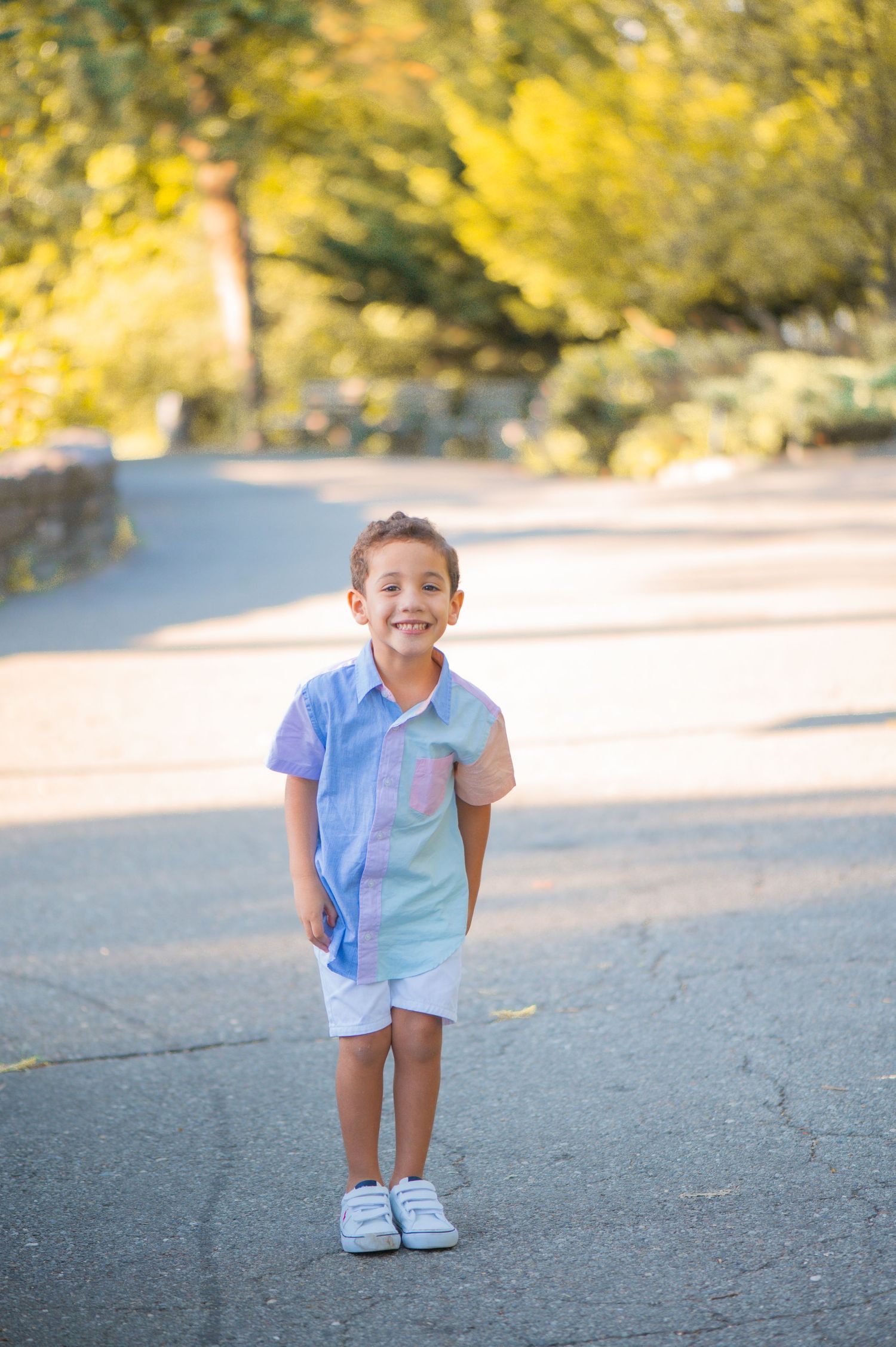 A smiling little boy in a blue striped shirt, white shorts and sneakers stands on a sunlit paved path lined with trees.