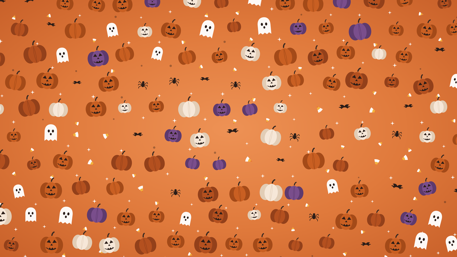 Seamless Halloween pattern of orange, purple, and white jack-o'-lanterns, ghosts, and tiny bats on an orange background.