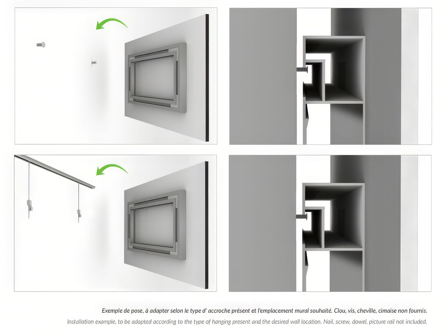 Visualisation du système d'accroche par châssis rentrant en alu. Fixation robuste, invisible et élégante pour une œuvre 