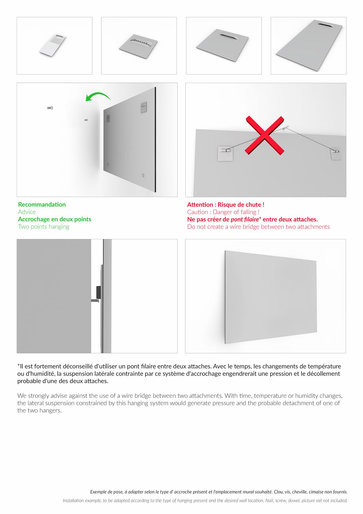 Système de fixation et conseils de pose murale pour tirage photo contrecollé sur Forex 4 mm en deux points.