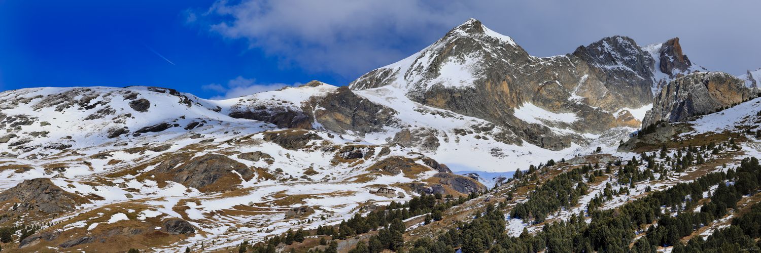 Sommet rocheux pointu et crêtes enneigées dominant une forêt de sapins. Contraste entre la neige blanche, la roche sombre et le ciel bleu.