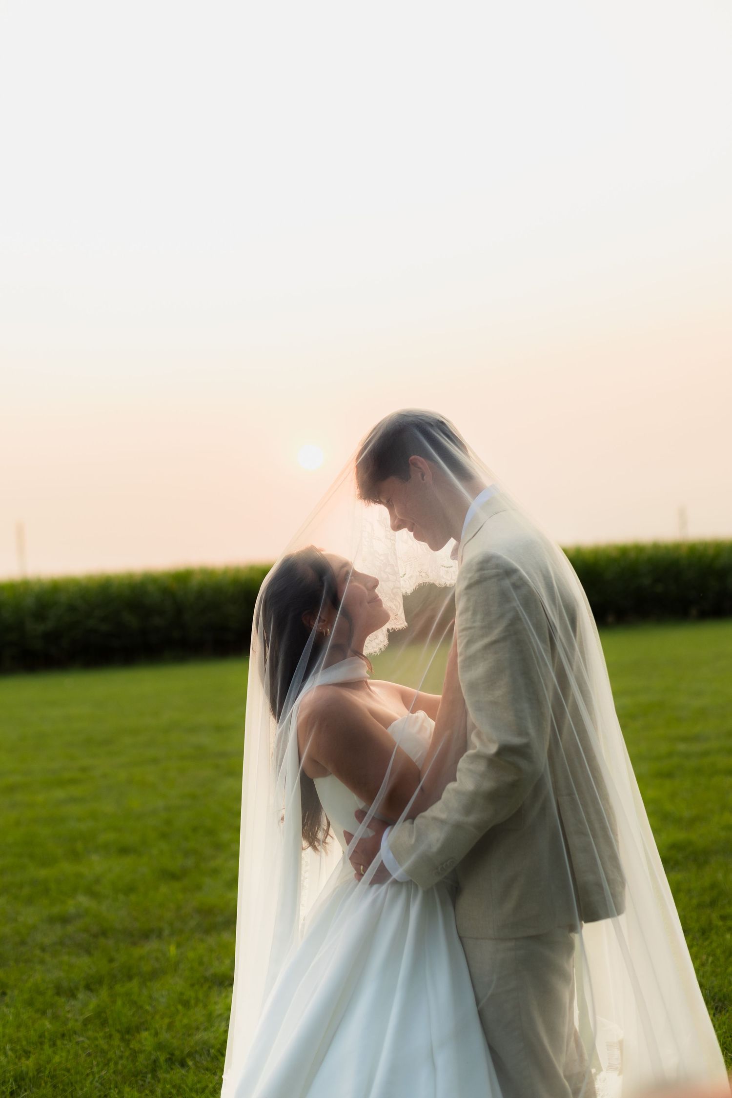 Bride and groom share an intimate moment beneath a flowing veil in a green field at golden hour.