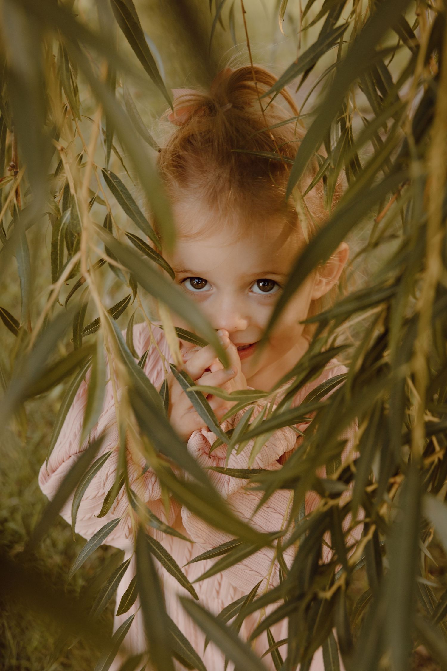 A North Platte, Nebraska lifestyle family session little girl peeks through willow tree branches in golden afternoon light.