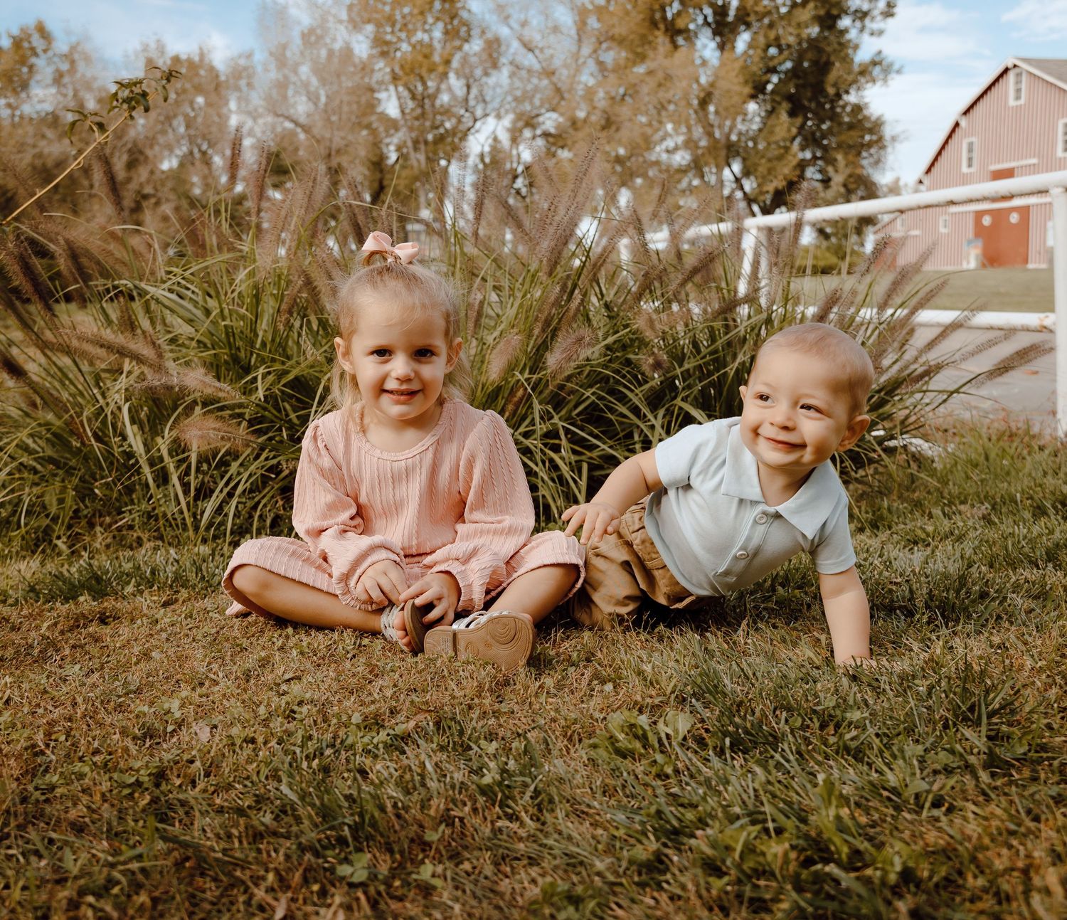 A series of vintage-style sepia photographs showing children playing and laying in grass during a summer day.