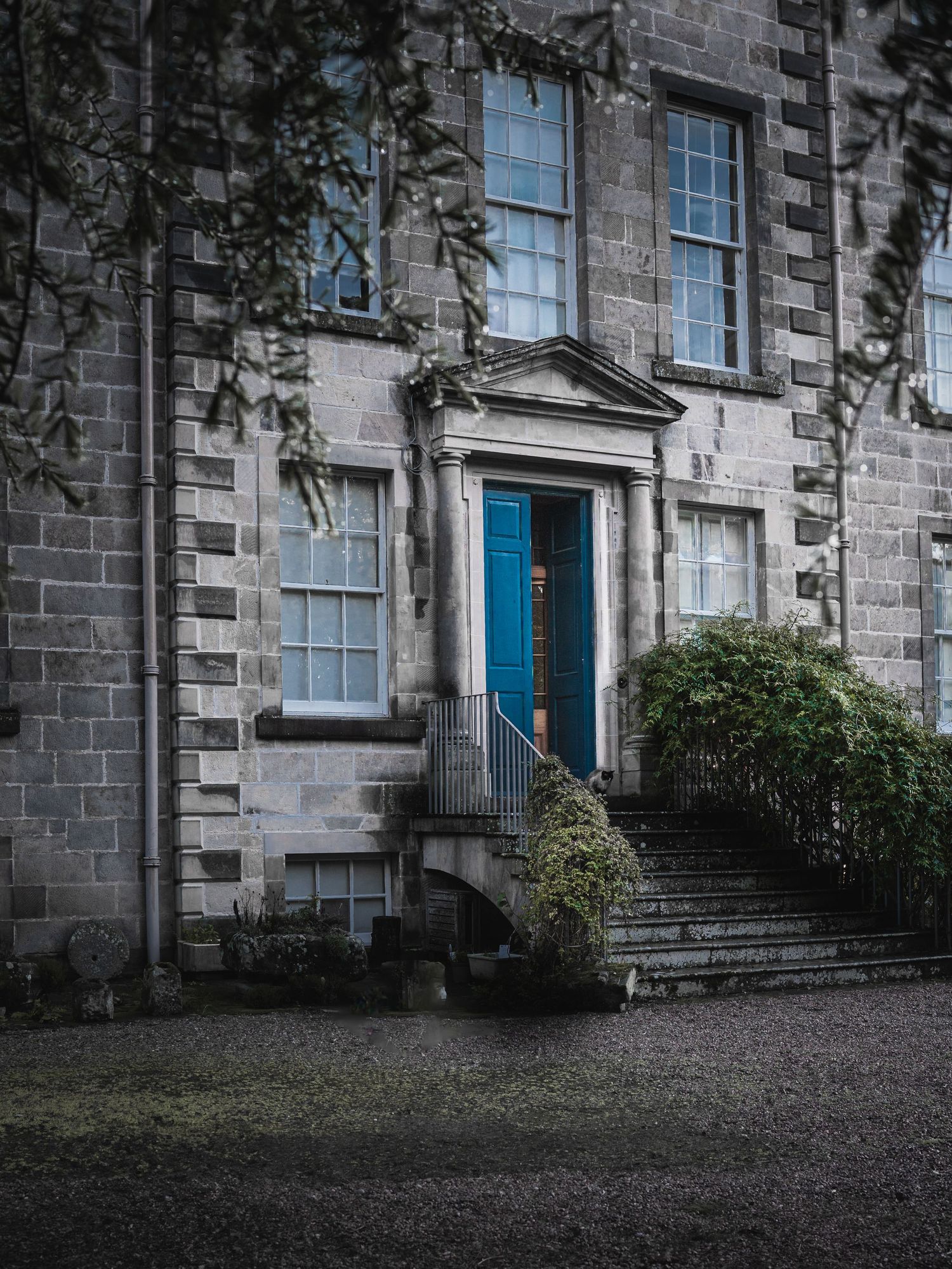 A grand stone building with a blue door and climbing vines features Georgian-style architecture. Pitgaveny House.