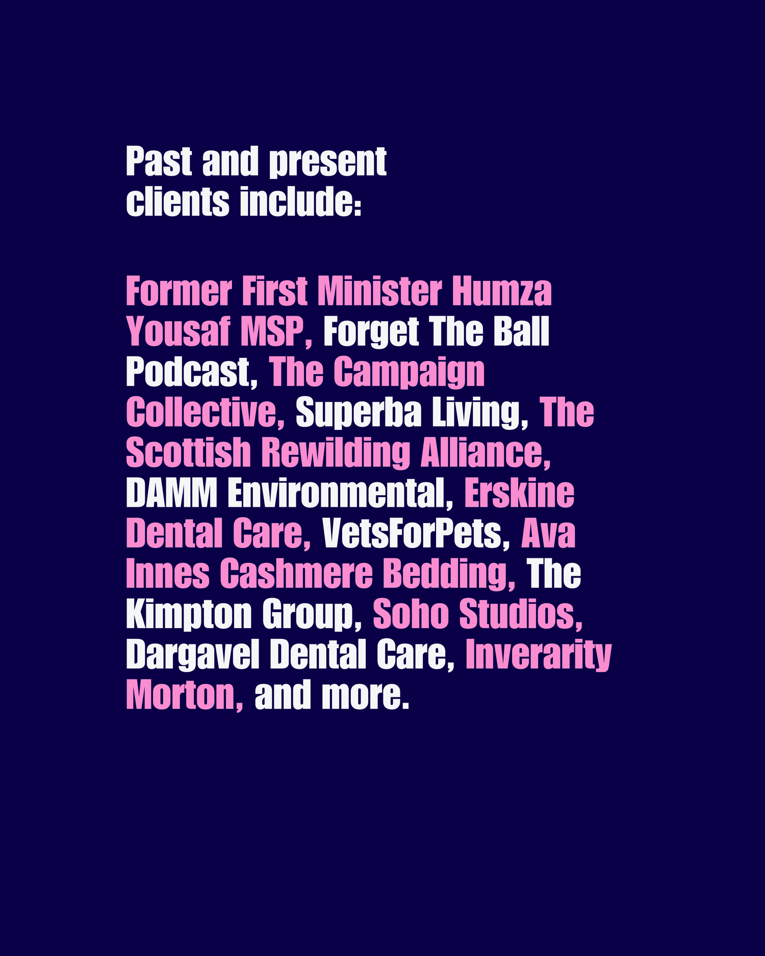 Purple and pink text listing business clients against a dark blue background.