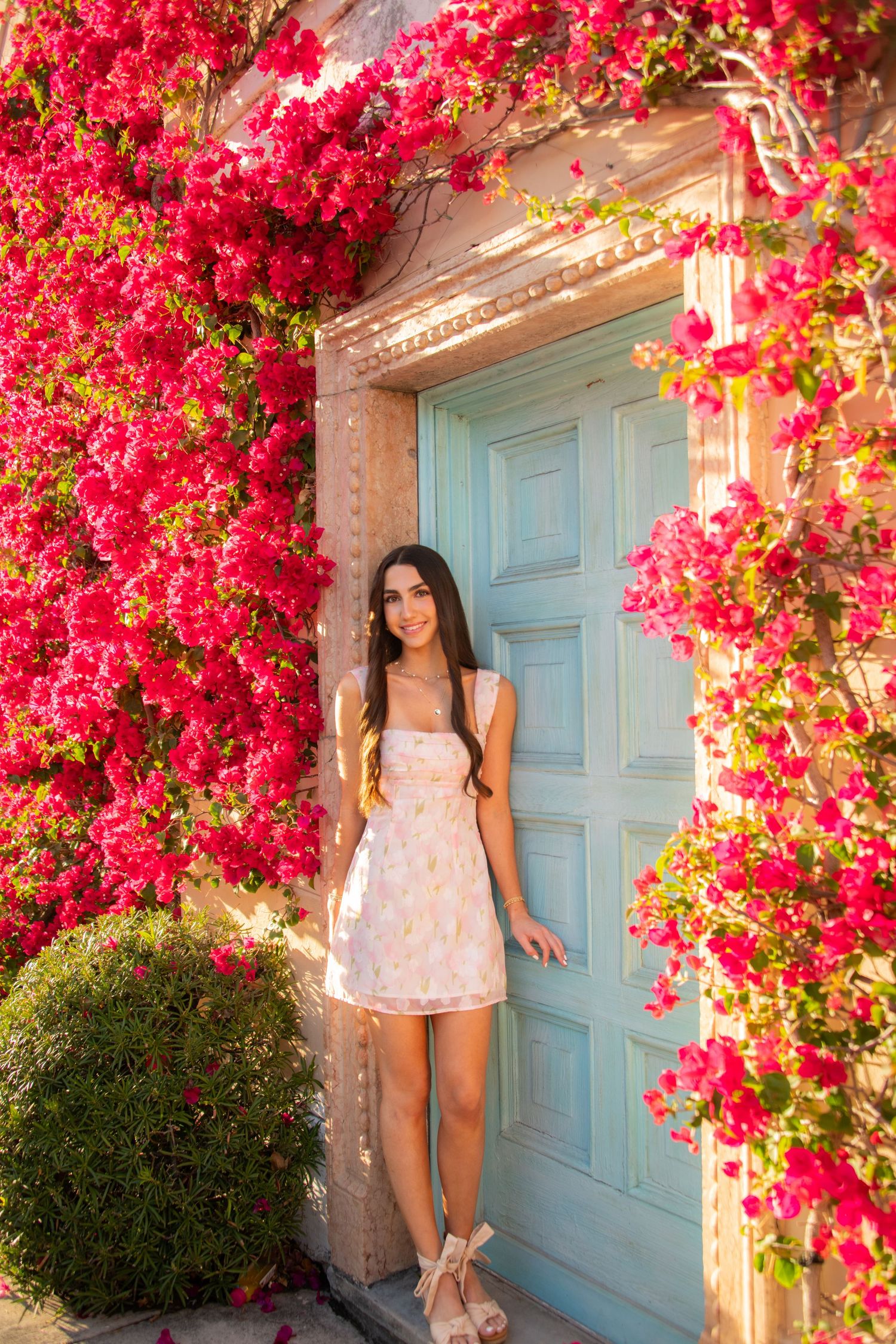 Pink bougainvillea flowers frame a light blue door against a rustic stone wall in a Mediterranean-style setting.