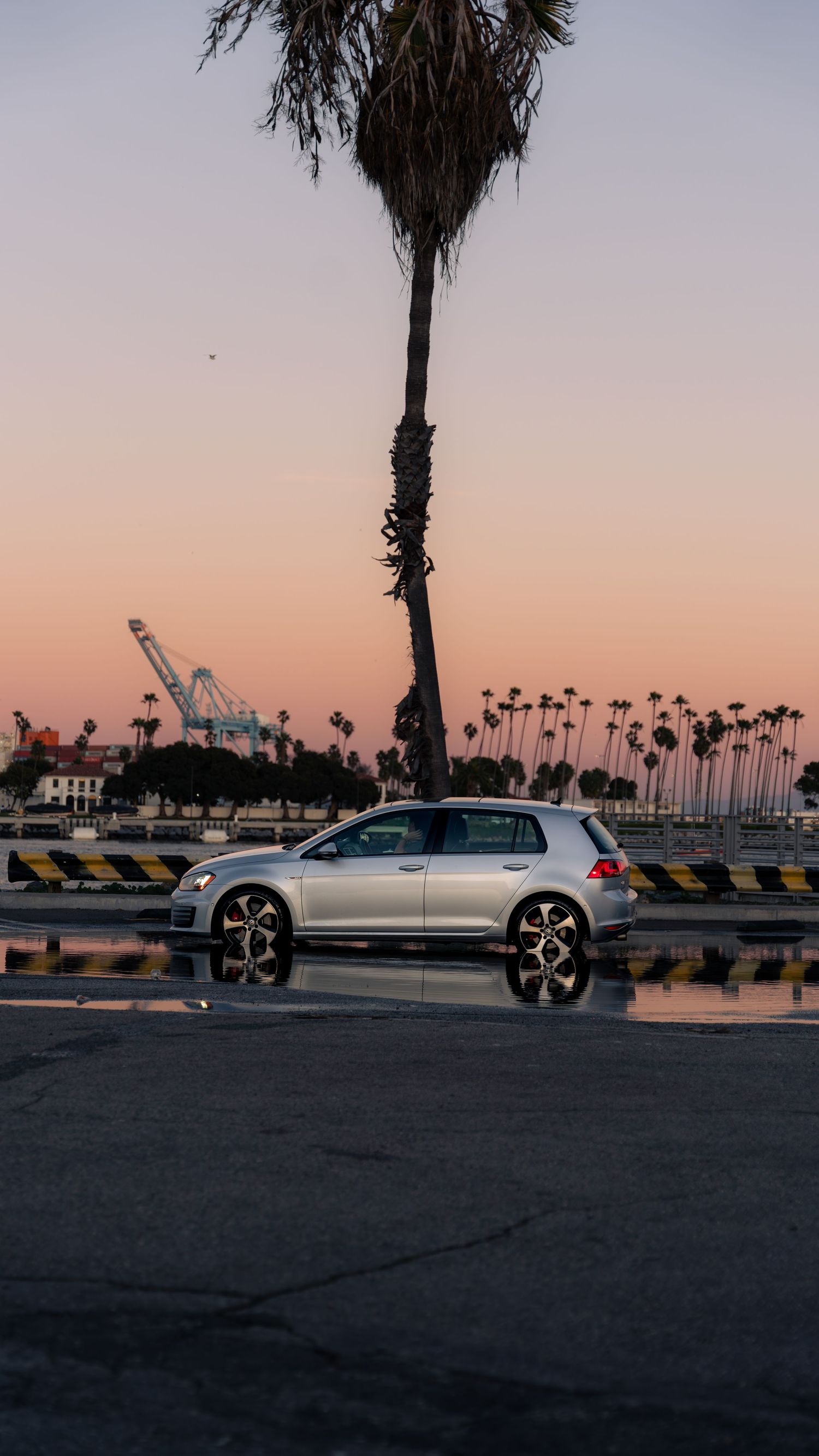 Silver Volkswagen GTI parked near palm trees and industrial cranes at sunset.