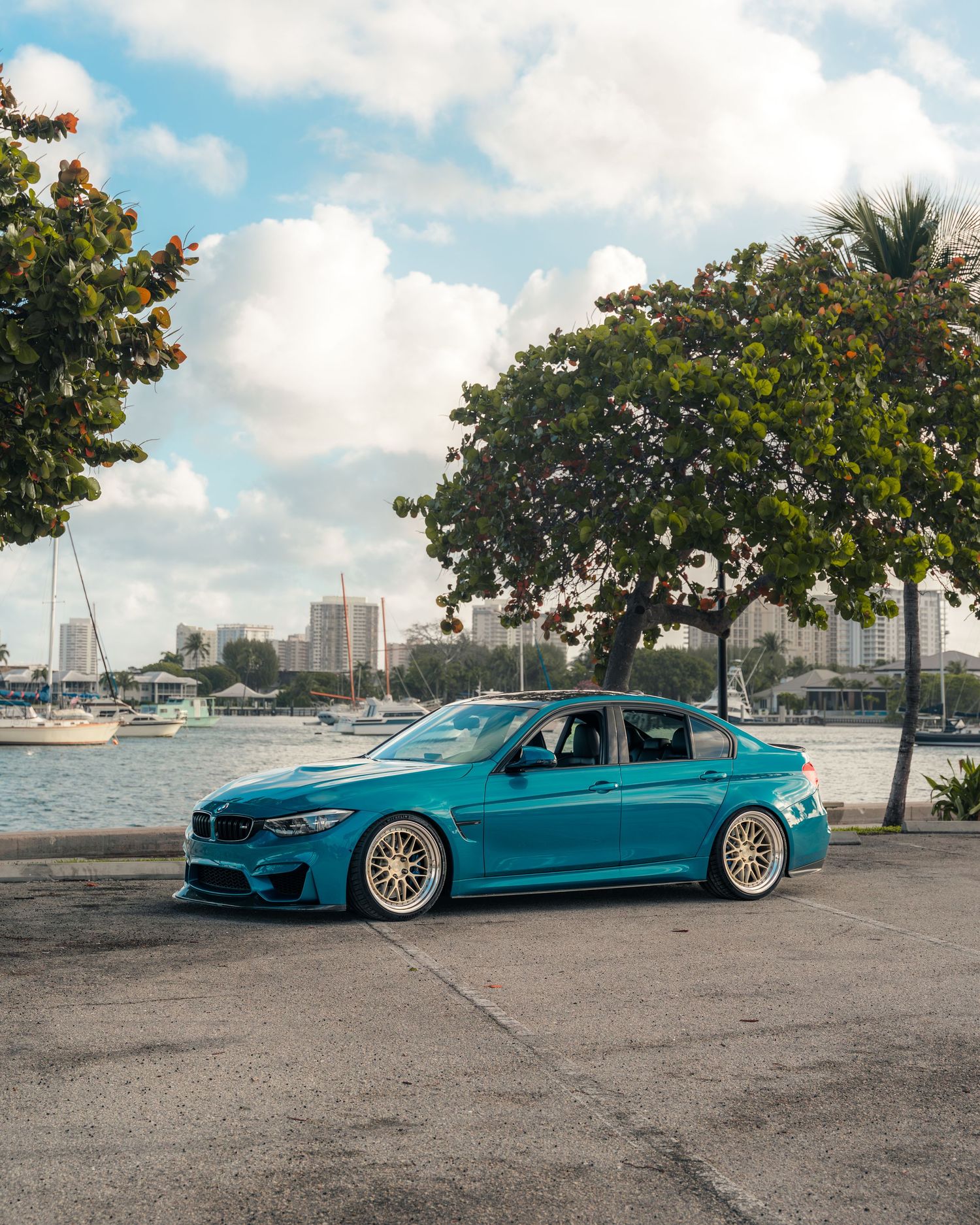 Teal BMW M3 slammed on gold wheels parked waterfront Miami skyline background sunny day.