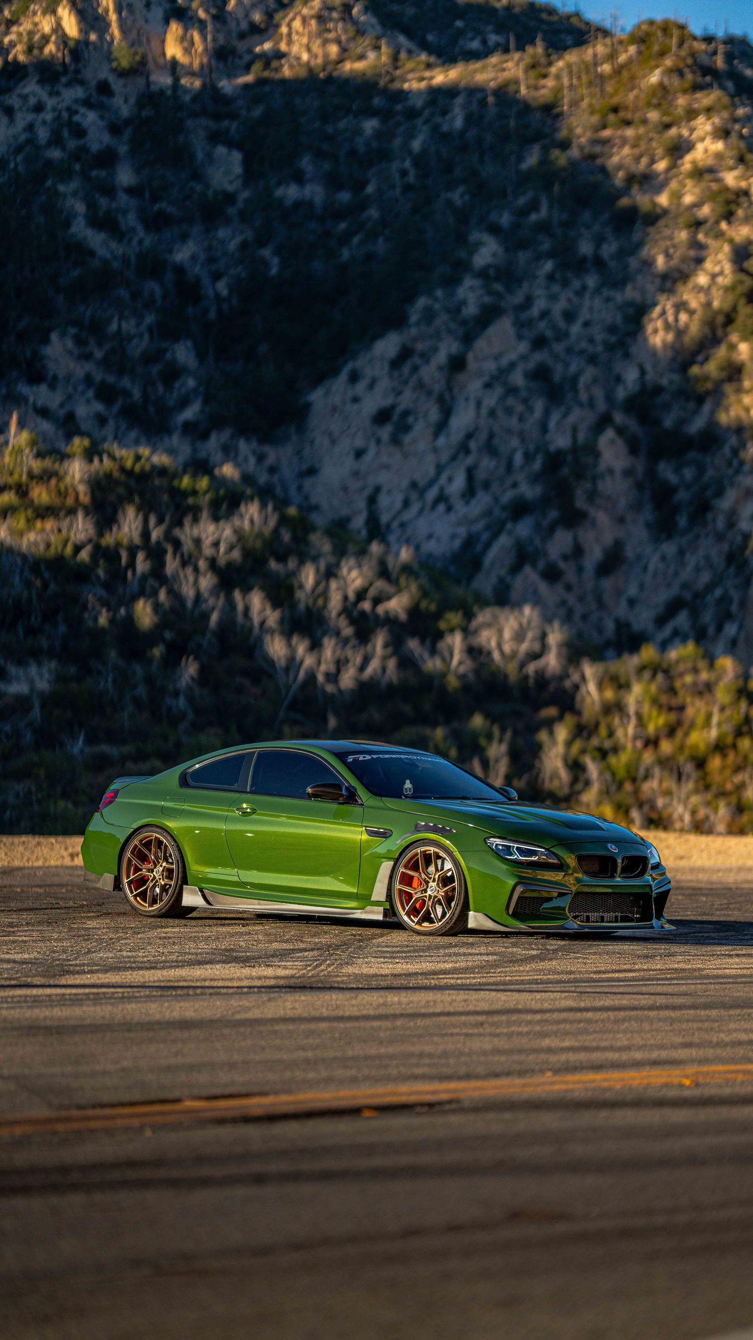 Modified BMW sports cars in bright colors parked on a mountain overlook.