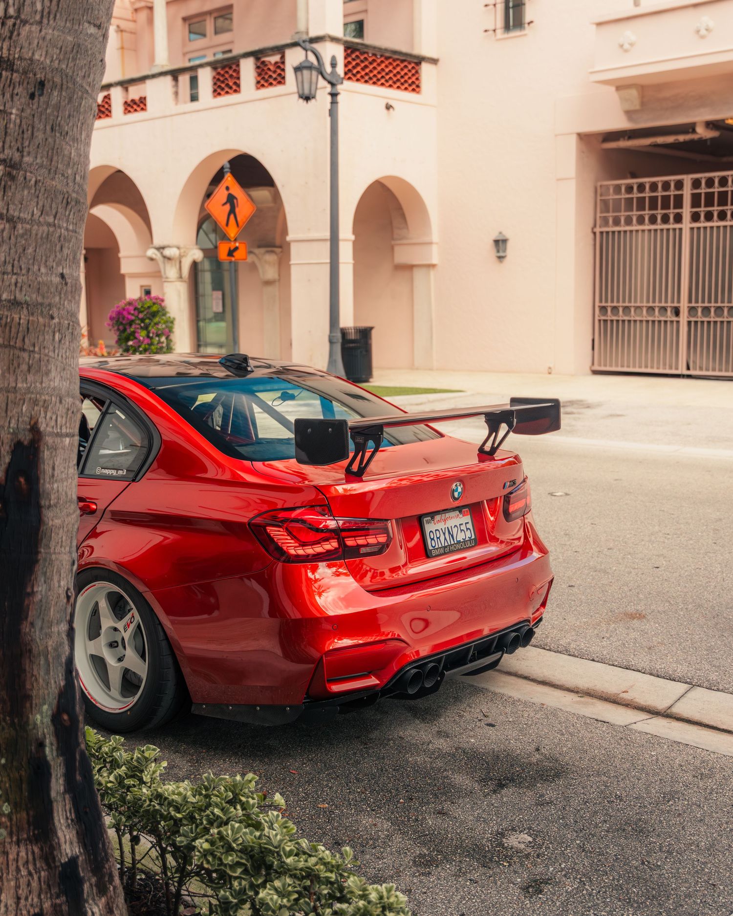 Red BMW M3 with large rear spoiler and carbon fiber accents parked on a city street near a palm tree.