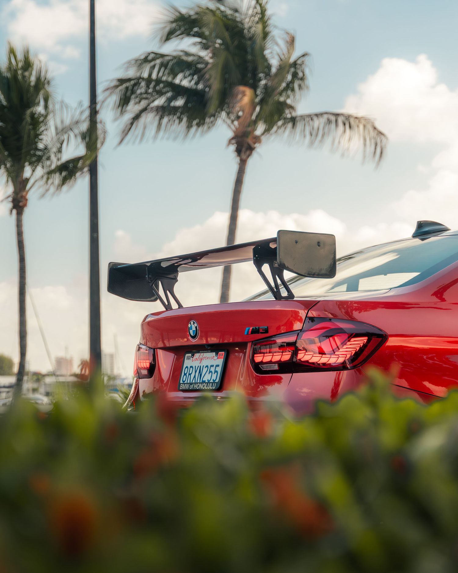 Red BMW M4 with large GT wing spoiler parked near palm trees in a sunny tropical location.