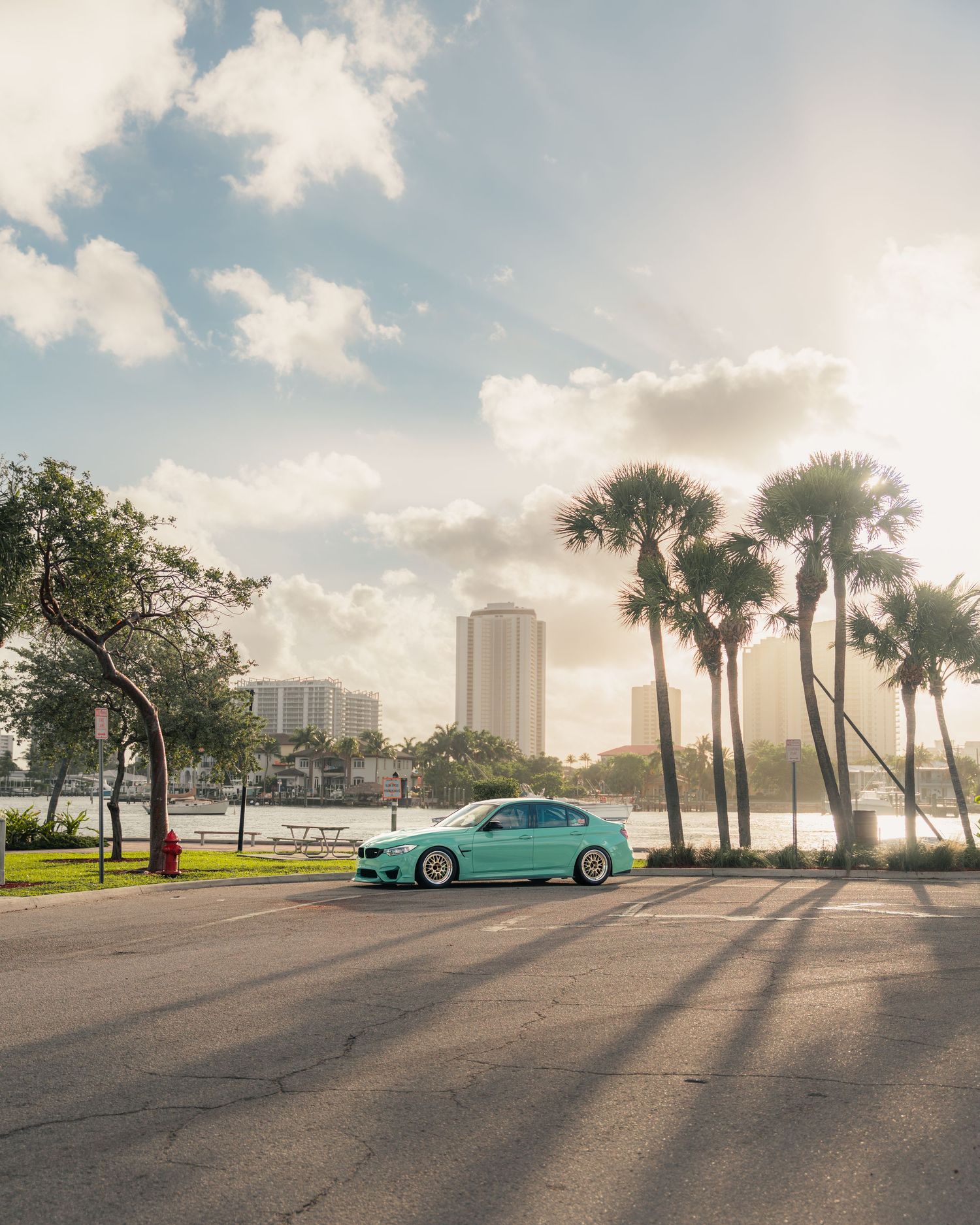 A mint green BMW sedan parked near palm trees with a waterfront skyline and dramatic sunlit clouds in Miami.